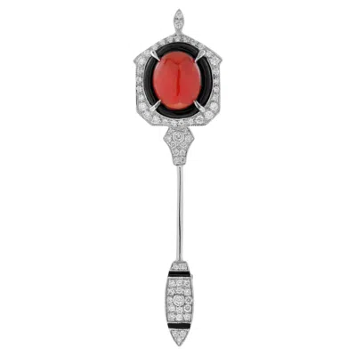 Pre-owned Unbranded Coral Onyx Diamond Art Deco Style Arrow 14k White Gold Pin Brooch