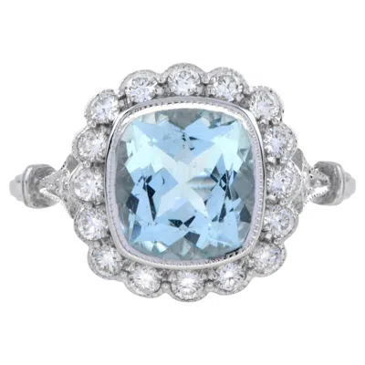 Pre-owned Unbranded Cushion Blue Aquamarine & Diamond Halo Set 18k White Gold Vintage Style Ring
