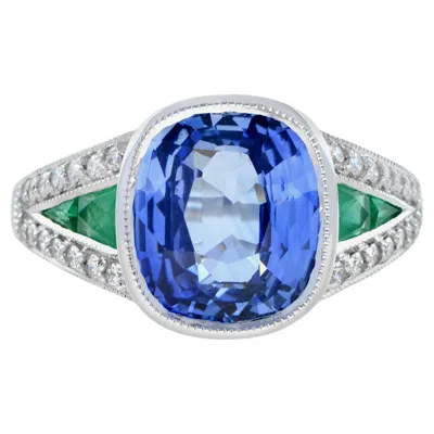 Pre-owned Unbranded Cushion Certified Ceylon Blue Sapphire Emerald Diamond Solitaire White Gold Ring