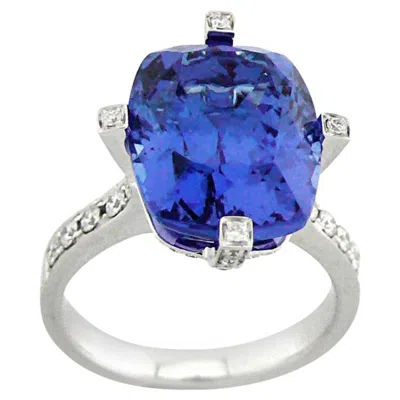 Pre-owned Unbranded Cushion Shape Blue Tanzanite & White Diamond 18k White Gold Ring