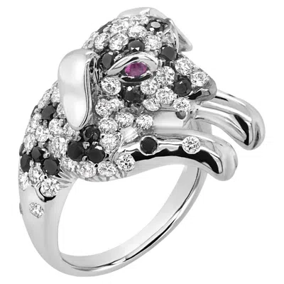 Pre-owned Unbranded Dalmatian Puppy White & Black Diamonds 18k White Gold Dog Ring