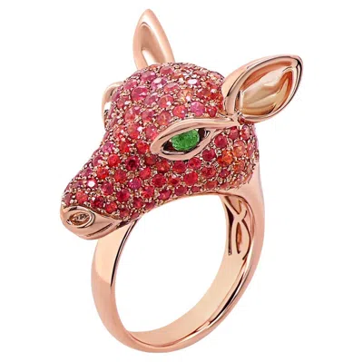 Pre-owned Unbranded Deer Orange Sapphire Fancy Diamond & Green Garnet 18k Rose Gold Animal Ring In Red