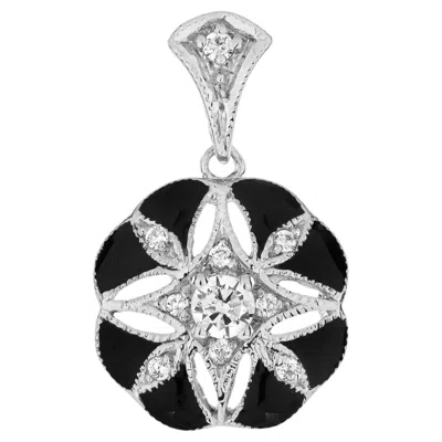 Pre-owned Unbranded Diamond & Black Enamel Art Deco Style Floral Flower 14k White Gold Drop Pendant