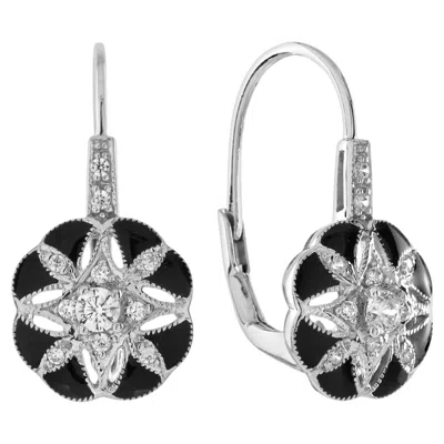 Pre-owned Unbranded Diamond & Black Enamel Art Deco Style Floral Flower White Gold Drop Earrings