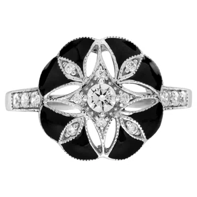 Pre-owned Unbranded Diamond & Black Enamel Art Deco Style Floral Flower White Gold Ring