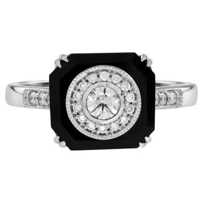 Pre-owned Unbranded Diamond & Black Octagon Onyx Art Deco Style Halo Unique 14k White Gold Ring
