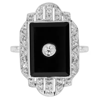 Pre-owned Unbranded Diamond & Black Onyx Art Deco Style Dinner 14k White Gold Ring