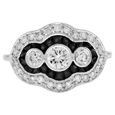 Pre-owned Unbranded Diamond &black Onyx Art Deco Style Three Stone 14k White Gold Ring
