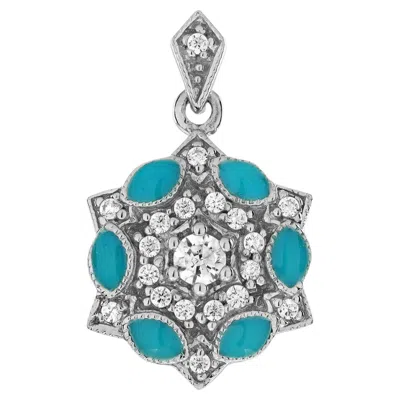 Pre-owned Unbranded Diamond & Blue Enamel Art Deco Style Floral Flower 14k White Gold Drop Pendant