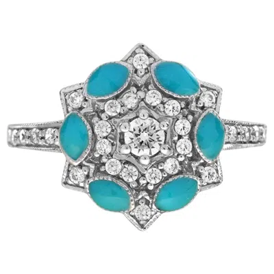 Pre-owned Unbranded Diamond & Blue Enamel Art Deco Style Floral Flower Cluster White Gold Ring