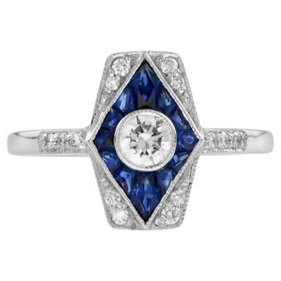Pre-owned Unbranded Diamond & Blue Sapphire Art Deco Inspired Style Engagement 14k White Gold Ring