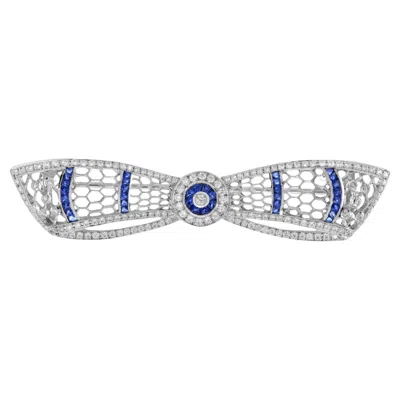 Pre-owned Unbranded Diamond & Blue Sapphire Art Deco Style Bow Crown 14k White Gold Pin Brooch