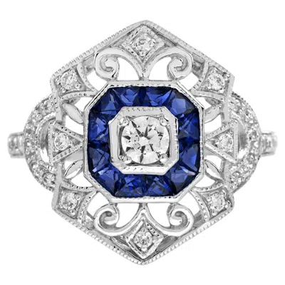 Pre-owned Unbranded Diamond & Blue Sapphire Edwardian Style Openwork White Gold Ring