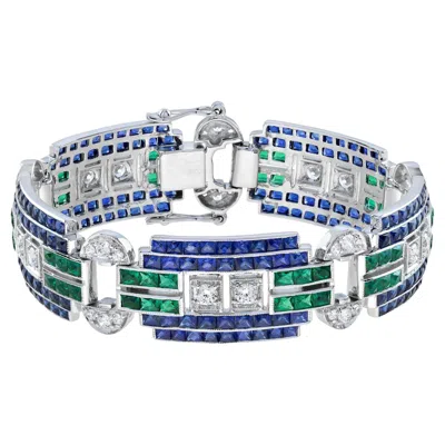 Pre-owned Unbranded Diamond & Blue Sapphire Emerald Art Deco Style White Gold Wide Unique Bracelet
