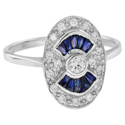 Pre-owned Unbranded Diamond & Blue Sapphire Fan Art Deco Style Oval Shaped 14k White Gold Ring