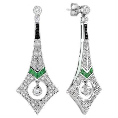 Pre-owned Unbranded Diamond & Emerald And Onyx Art Deco Style Drop 14k White Gold Earrings