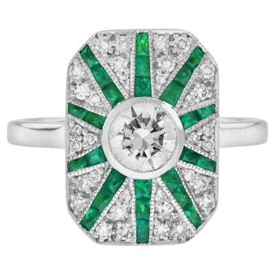 Pre-owned Unbranded Diamond & Emerald Art Deco Style Halo Sunburst 14k White Gold Ring