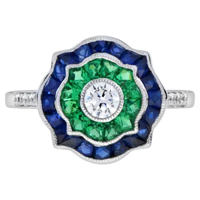 Pre-owned Unbranded Diamond & Emerald Blue Sapphire Art Deco Style Engagement 14k White Gold Ring