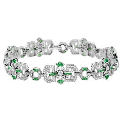 Pre-owned Unbranded Diamond & Emerald Vintage Inspired Art Deco Filigree Style Link White Bracelet