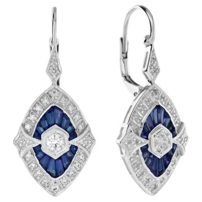 Pre-owned Unbranded Diamond & French Cut Blue Sapphire Art Deco Inspired Drop White Gold Earrings
