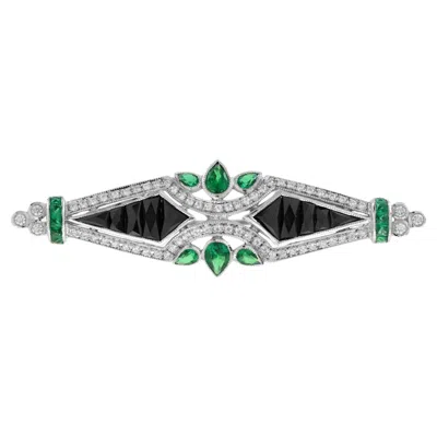 Pre-owned Unbranded Diamond & Green Emerald And Black Onyx Art Deco Style 14k White Gold Pin Brooch