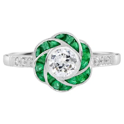 Pre-owned Unbranded Diamond & Green Emerald Art Deco Style Rose Floral Flower 14k White Gold Ring