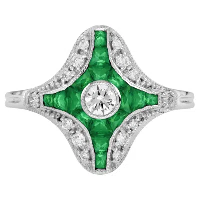 Pre-owned Unbranded Diamond & Green Emerald Fancy Cut Art Deco Style Unique White Gold Ring