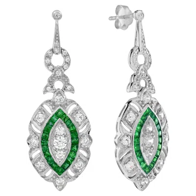 Pre-owned Unbranded Diamond & Green Emerald Halo Art Deco Style Marquise Shape Dangle Gold Earrings