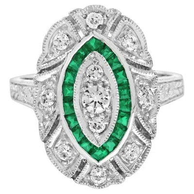 Pre-owned Unbranded Diamond & Green Emerald Halo Set Art Deco Style White Gold Ring