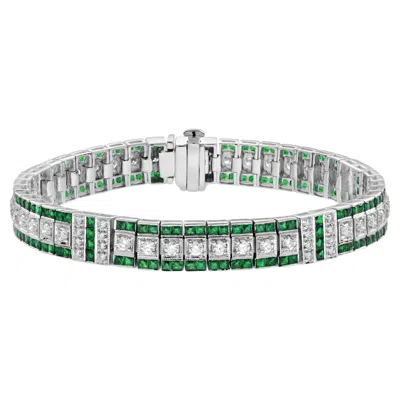 Pre-owned Unbranded Diamond & Green Emerald Vintage Inspired Art Deco Style Link White Gold Bracelet