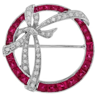 Pre-owned Unbranded Diamond & Red Pink Ruby Edwardian Style Circle Ribbon White Gold Pin Brooch