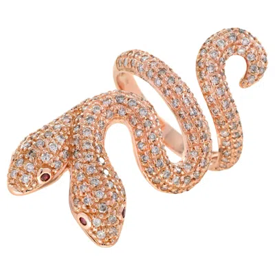 Pre-owned Unbranded Diamond & Ruby Eye Pave Set Double Headed Snake 18k Rose Gold Ring In Red