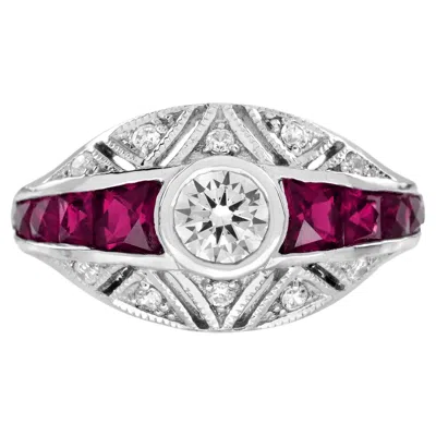 Pre-owned Unbranded Diamond & Ruby Fancy Cut Vintage Inspired Art Deco Style Bombay White Gold Ring