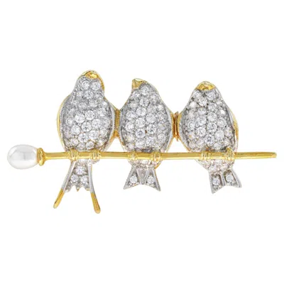 Pre-owned Unbranded Diamond Birds Parrots & Pearl Branch Vintage Style Brooch 14k Two Tone Gold In Multi