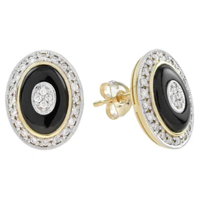 Pre-owned Unbranded Diamond Black Onyx Art Deco Style Oval Shape Halo Diamonds Stud Earrings