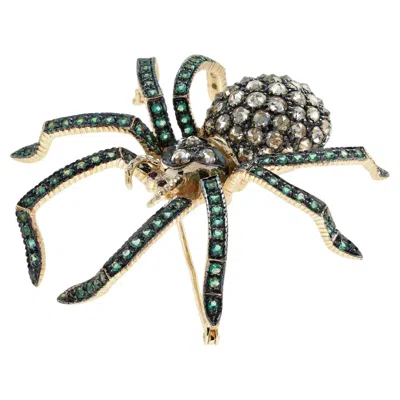 Pre-owned Unbranded Diamond Emerald Ruby Vintage Style Spider 9kt Yellow Gold Insect Brooch