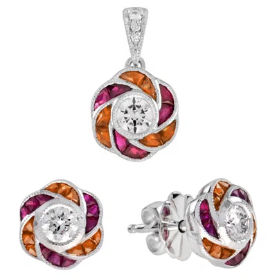 Pre-owned Unbranded Diamond Red Pink Ruby Orange Sapphire Floral White Gold Earrings & Pendant Set