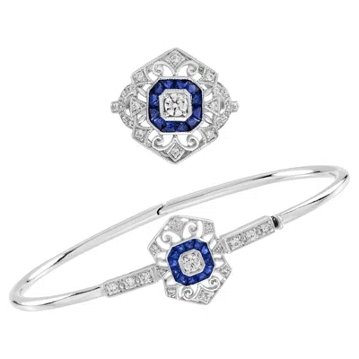 Pre-owned Unbranded Diamond Sapphire Edwardian Style Openwork Bangle Bracelet & Ring Jewelry Set In Blue