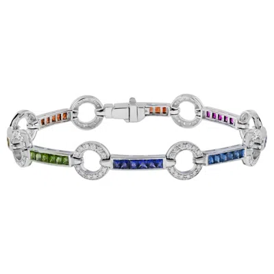 Pre-owned Unbranded Diamond Square Rainbow Color Sapphire Donut Round Link Tennis Line Gold Bracelet In Blue