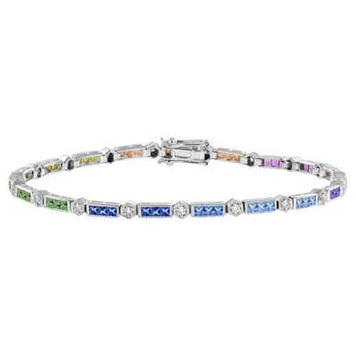 Pre-owned Unbranded Diamond Square Rainbow Color Sapphire Tennis Line Link White Gold Bracelet