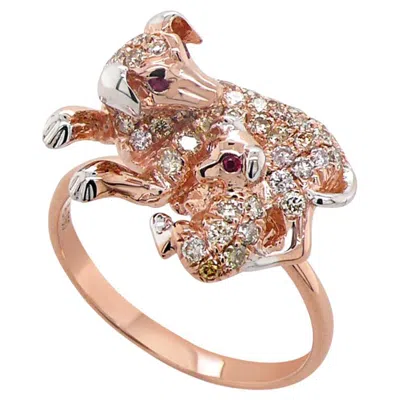 Pre-owned Unbranded Dog Puppy Daschound Fancy Diamond & Ruby 18k Rose Gold Animal Ring In Red