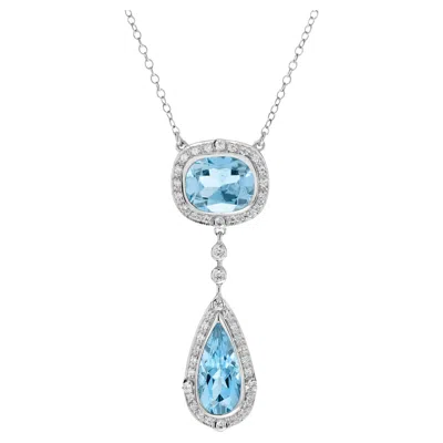 Pre-owned Unbranded Double Drop Blue Topaz With Diamond Halo Accent Pendant 14k White Gold Necklace