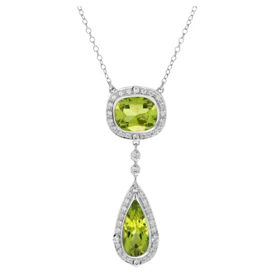 Pre-owned Unbranded Double Drop Green Peridot With Diamond Halo Set 14k White Gold Pendant Necklace