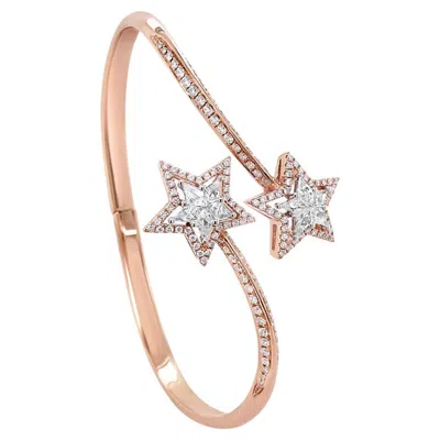 Pre-owned Unbranded Double Stars Zodiac Celestial White Diamond Rose Gold Star Shape Bangle Bracelet