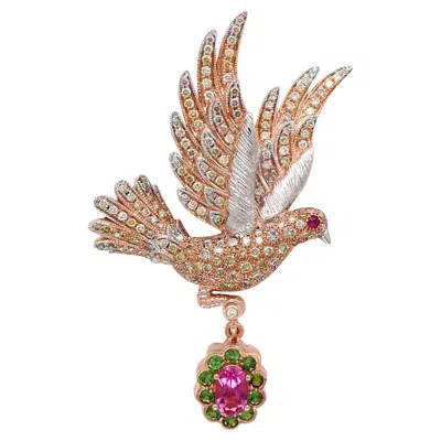 Pre-owned Unbranded Dove Bird Multi Gemstone & Diamond 18k Rose Gold Pin Brooch In Red