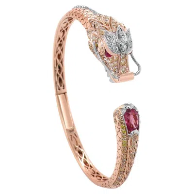 Pre-owned Unbranded Dragon Diamond Pave Pink Tourmaline Ruby Rose White Gold Animal Bangle Bracelet