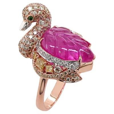 Pre-owned Unbranded Duck Goose Swan Diamond Pave Ruby 18k Rose & White Gold Animal Ring