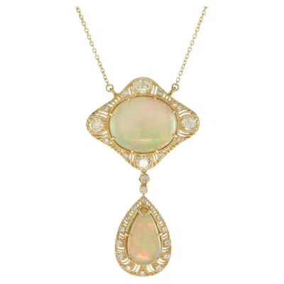 Pre-owned Unbranded Duo Ethiopian Opal & Diamond Pendant Antique Style 18k Yellow Gold Necklace