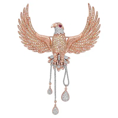 Pre-owned Unbranded Eagle Bird Diamonds Pave & Ruby 18k Rose Gold Brooch Pendant In Red