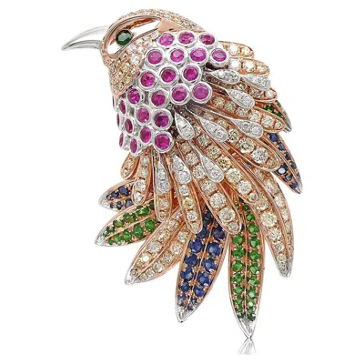 Pre-owned Unbranded Eagle Bird Diamonds Pave Ruby & Multi Gemstone 18k Rose Gold Brooch Pendant In Red